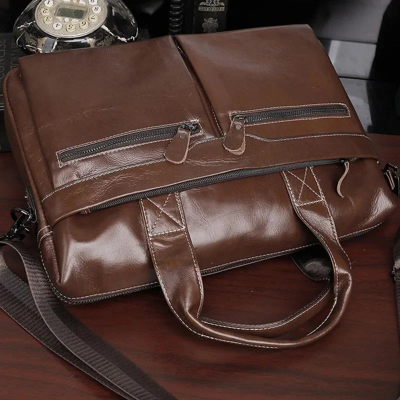 Men Genuine Briefcase Large Business Office Handbag Male Leather 14" Laptop Shoulder Bags Men's Travel Messenger Bag