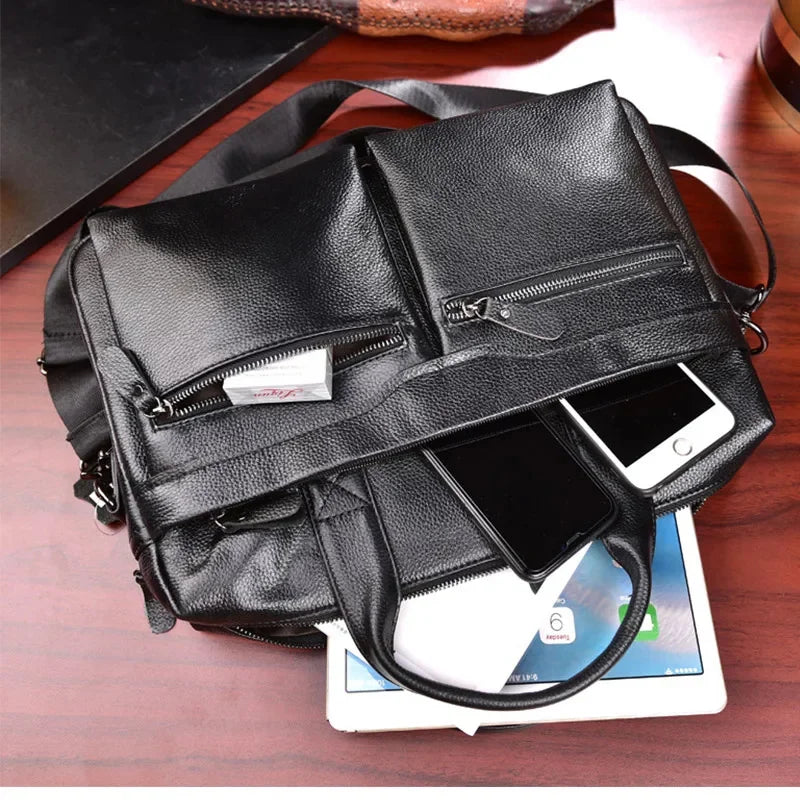 Men Genuine Briefcase Large Business Office Handbag Male Leather 14" Laptop Shoulder Bags Men's Travel Messenger Bag