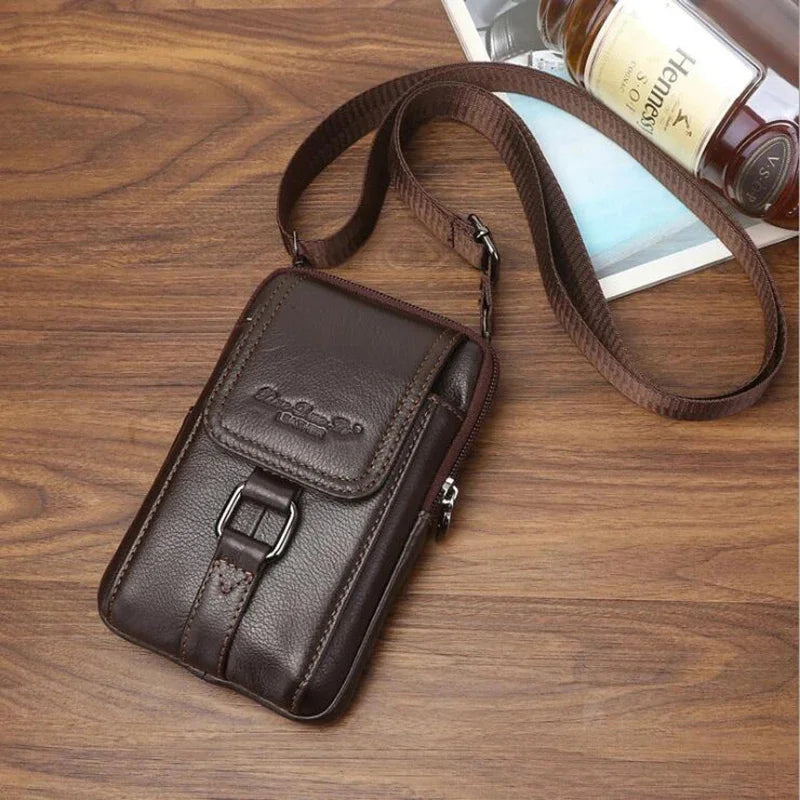 Men Genuine Leather Cell/Mobile Phone Case Cross body Waist Pack Hip Bum Bags Fashion Casual Male Belt Hook Messenger Bag