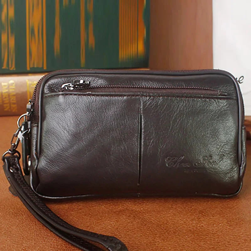Men Genuine Leather Clutch Wrist Handy Bags Wallet Multifunction Waist Belt Organizer Wallets Cell Phone Case Fanny Bag Purse