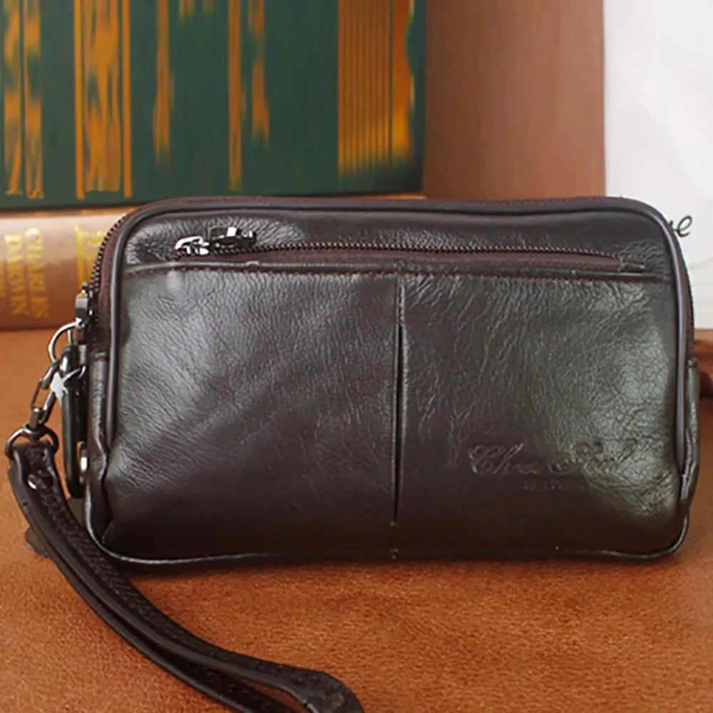 Men Genuine Leather Clutch Wrist Handy Bags Wallet Multifunction Waist Belt Organizer Wallets Cell Phone Case Fanny Bag Purse