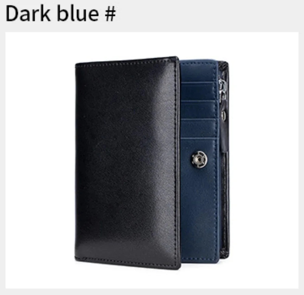 Men Genuine Leather Short Rfid Zipper Vertical Wallet