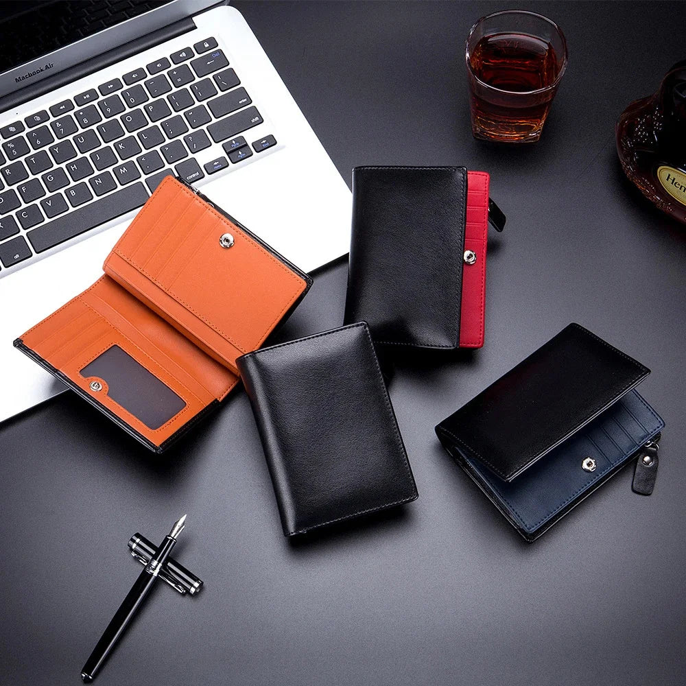 Men Genuine Leather Short Rfid Zipper Vertical Wallet