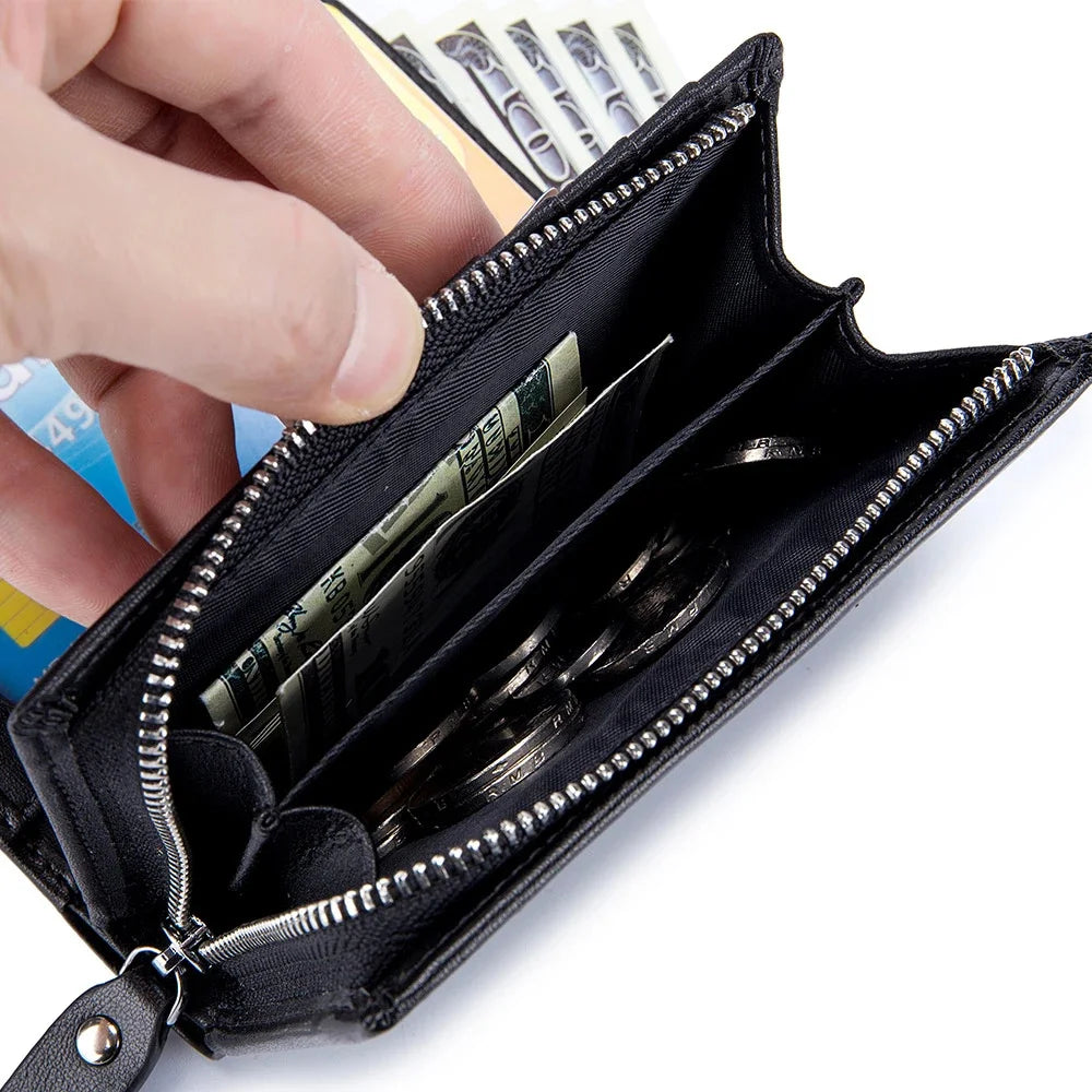 Men Genuine Leather Short Rfid Zipper Vertical Wallet