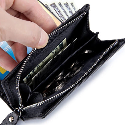 Men Genuine Leather Short Rfid Zipper Vertical Wallet