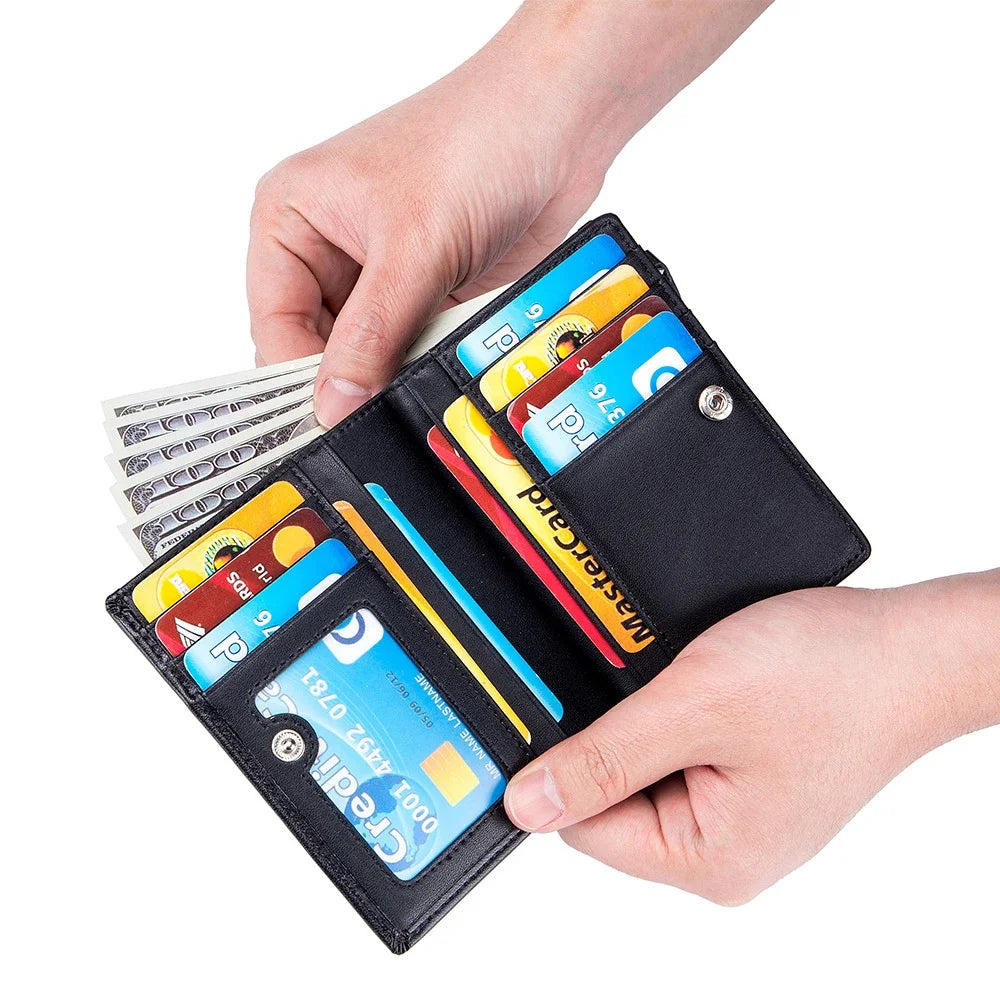 Men Genuine Leather Short Rfid Zipper Vertical Wallet