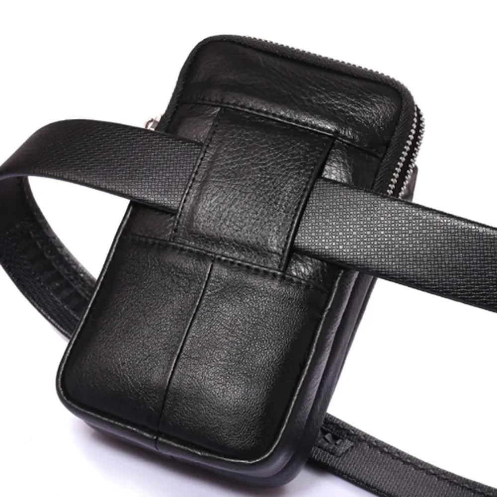 Men Genuine Leather Waist Pack Bag Double Zipper Wallet Cell/Mobile Phone Pocket Cigarette Case Coin Purse Male Fanny Money Bags