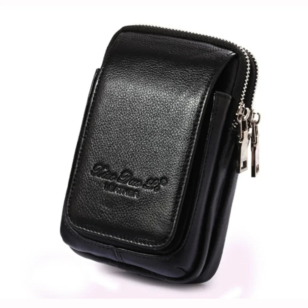 Men Genuine Leather Waist Pack Bag Double Zipper Wallet Cell/Mobile Phone Pocket Cigarette Case Coin Purse Male Fanny Money Bags