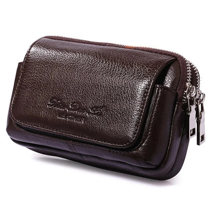 Men Genuine Leather Waist Pack Bag Double Zipper Wallet Cell/Mobile Phone Pocket Cigarette Case Coin Purse Male Fanny Money Bags