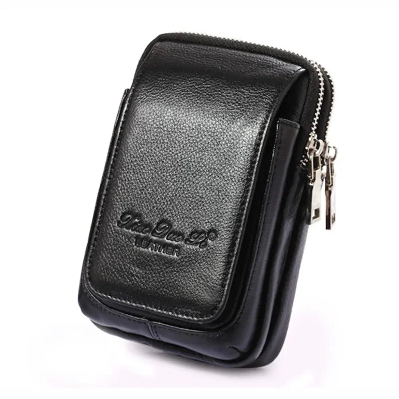 Men Genuine Leather Waist Pack Bag Double Zipper Wallet Cell/Mobile Phone Pocket Cigarette Case Coin Purse Male Fanny Money Bags