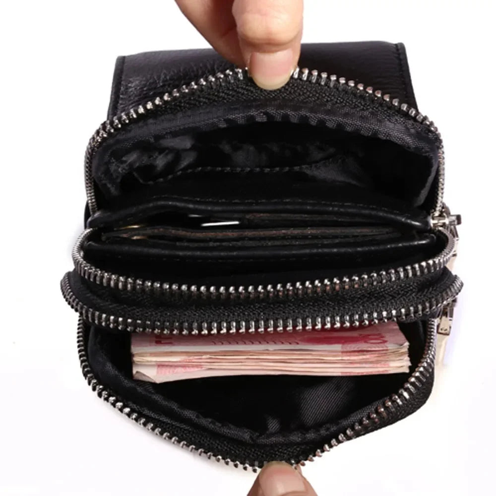 Men Genuine Leather Waist Pack Bag Double Zipper Wallet Cell/Mobile Phone Pocket Cigarette Case Coin Purse Male Fanny Money Bags