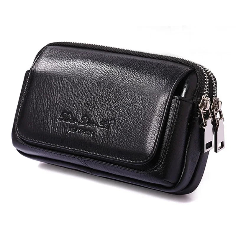 Men Genuine Leather Waist Pack Bag Double Zipper Wallet Cell/Mobile Phone Pocket Cigarette Case Coin Purse Male Fanny Money Bags