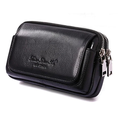 Men Genuine Leather Waist Pack Bag Double Zipper Wallet Cell/Mobile Phone Pocket Cigarette Case Coin Purse Male Fanny Money Bags