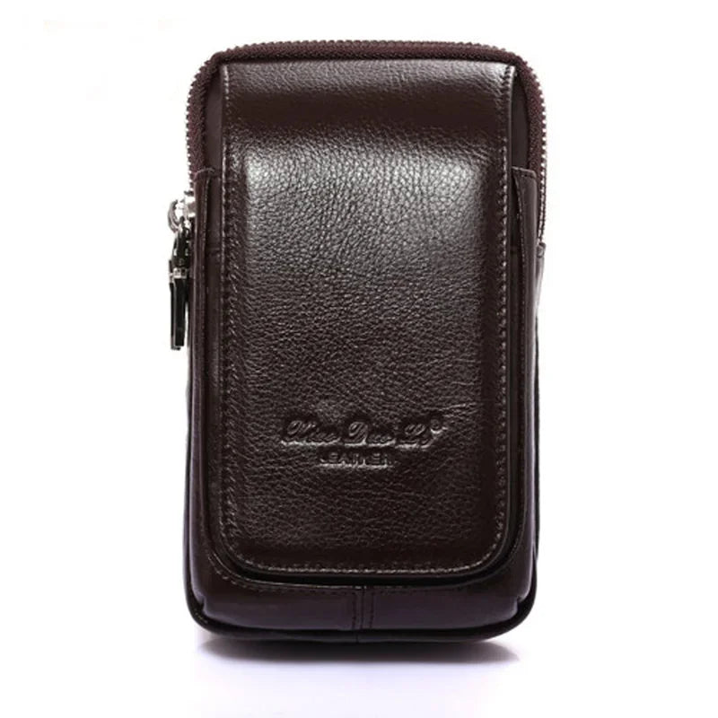 Men Genuine Leather Waist Pack Bag Double Zipper Wallet Cell/Mobile Phone Pocket Cigarette Case Coin Purse Male Fanny Money Bags