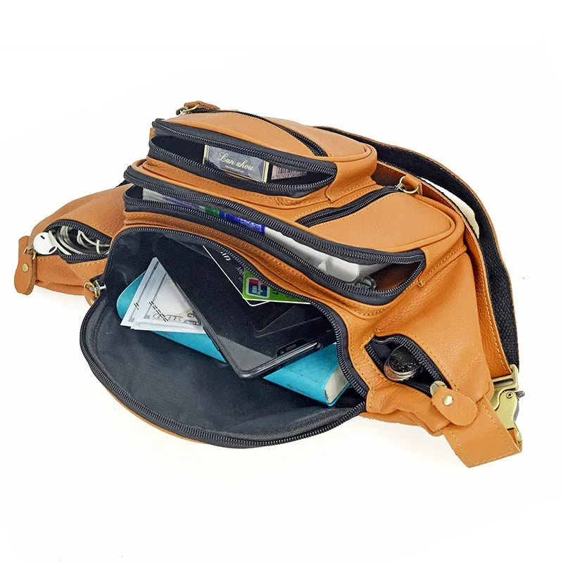 Men Genuine Waist Packs Male Casual Travel Motorcycle Chest s Men's Sling Shoulder Cowhide Leather Fanny Pack Bag