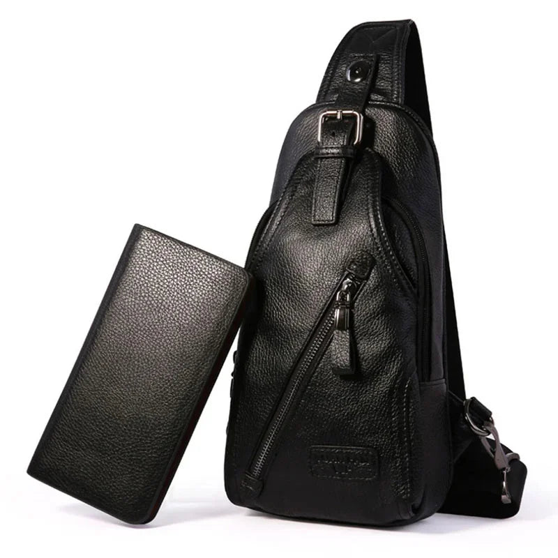 Men High Quality Genuine Leather Cowhide Fashion Chest Sling Back Pack Riding Cross Body Messenger Single Shoulder Bag