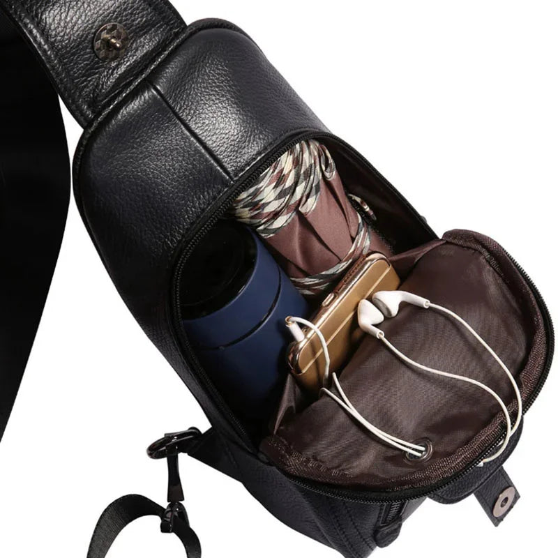 Men High Quality Genuine Leather Cowhide Fashion Chest Sling Back Pack Riding Cross Body Messenger Single Shoulder Bag