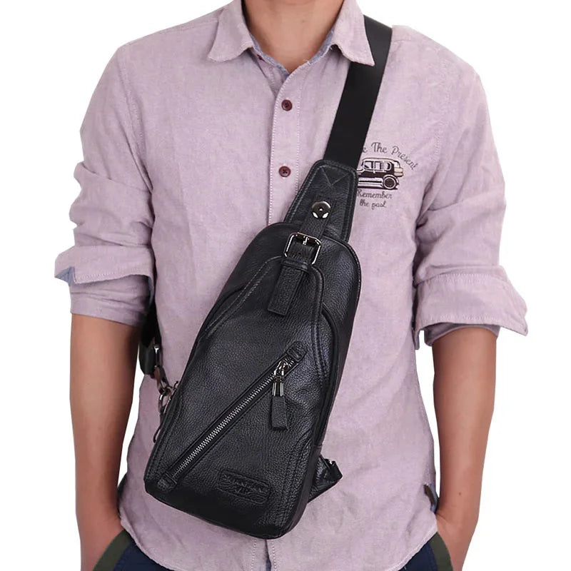Men High Quality Genuine Leather Cowhide Fashion Chest Sling Back Pack Riding Cross Body Messenger Single Shoulder Bag