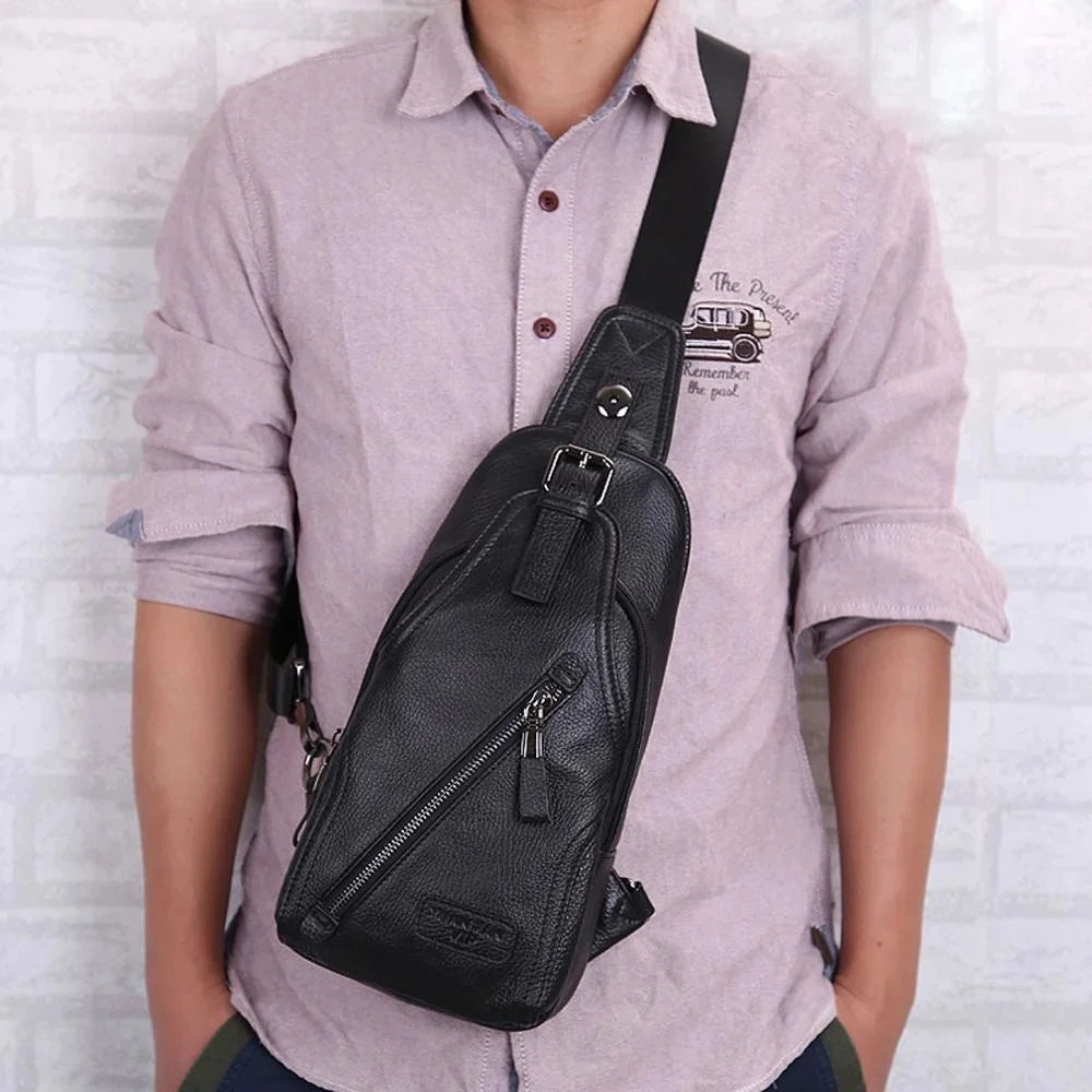 Men High Quality Genuine Leather Cowhide Fashion Chest Sling Back Pack Riding Cross Body Messenger Single Shoulder Bag