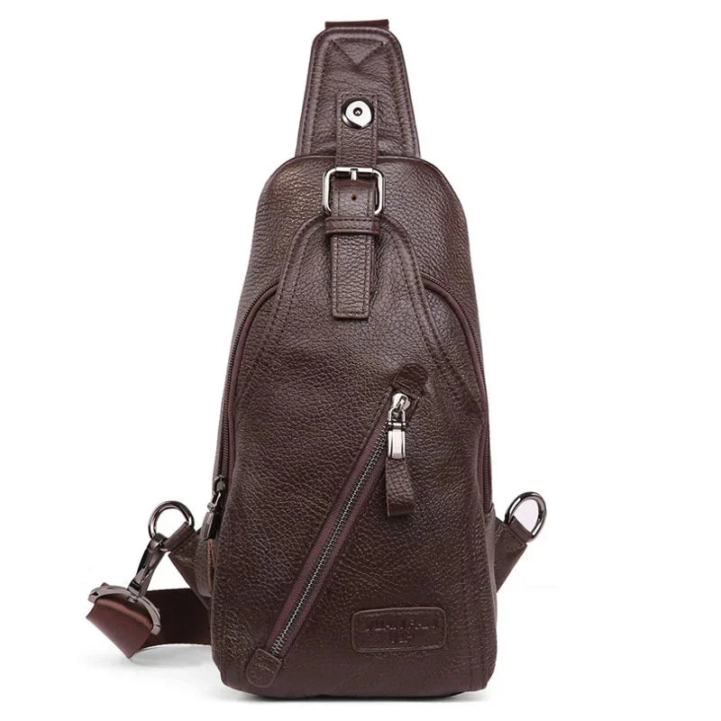 Men High Quality Genuine Leather Cowhide Fashion Chest Sling Back Pack Riding Cross Body Messenger Single Shoulder Bag