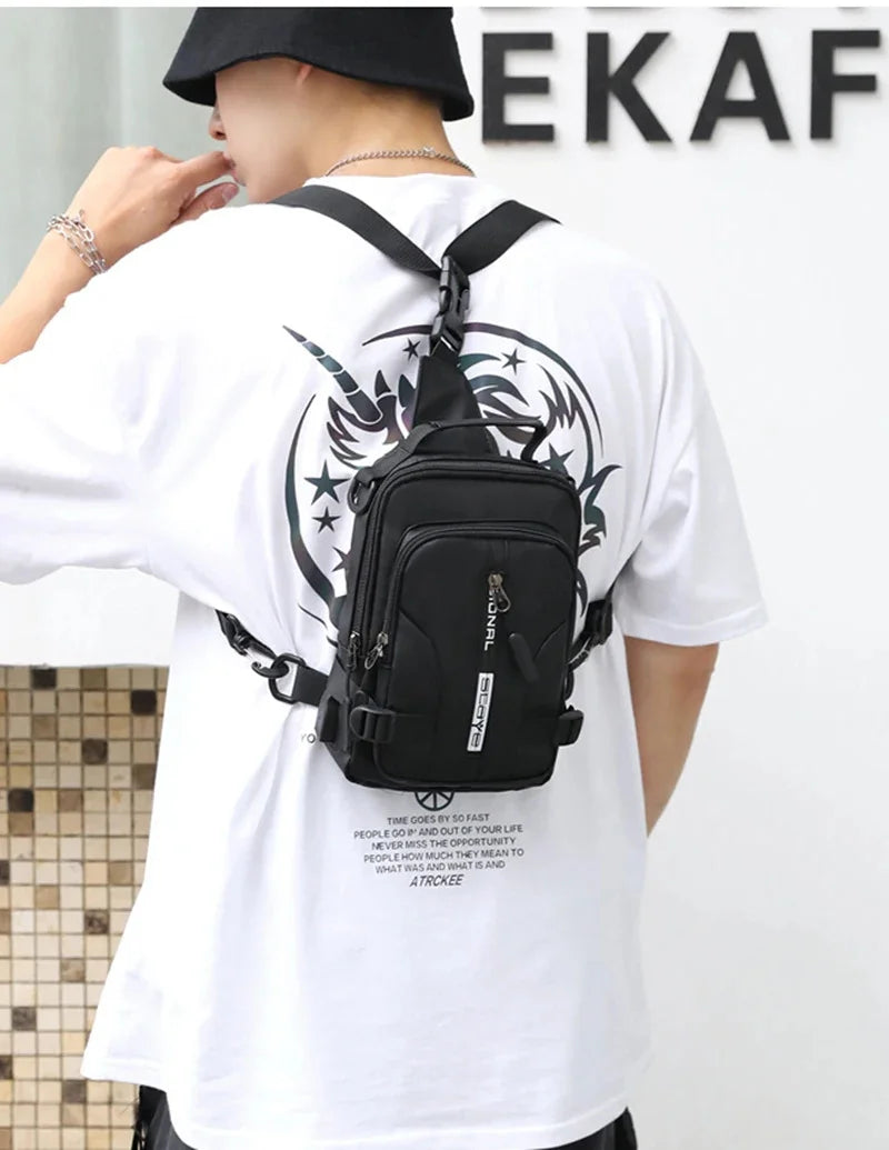 Men Mini Backpack Sling Cross Body Shoulder Rucksack with USB Charging Port Travel Nylon Male Side Messenger Chest Bag Pack
