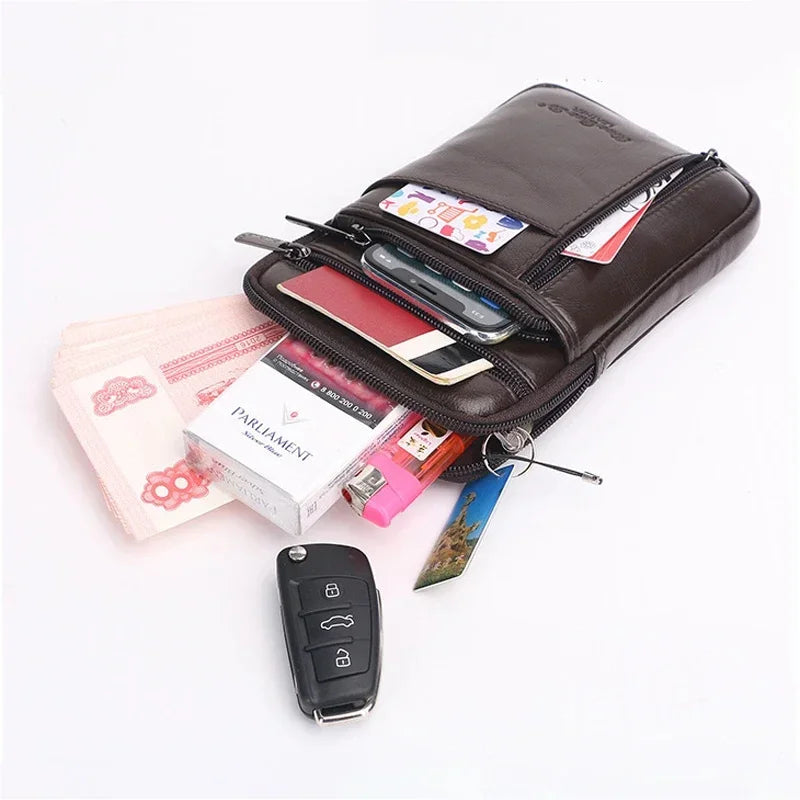 Men Mini Cross body Shoulder Fanny Waist Pack Genuine Leather Casual Hook Cell Mobile Phone Case Messenger Belt Bag Purse