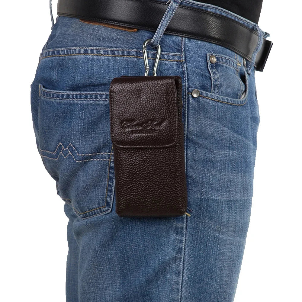 Men Mobile Cell Phone Case Cover Skin Waist Bags Genuine Leather Casual 5-6'' Real Cowhide Male Belt Fanny Pack Hook Bag
