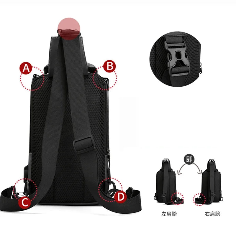Men Nylon Rucksack Daypack Messenger with USB Charging Port Male Fashion Knapsack Backpack Cross body Sling Chest Pack Bag
