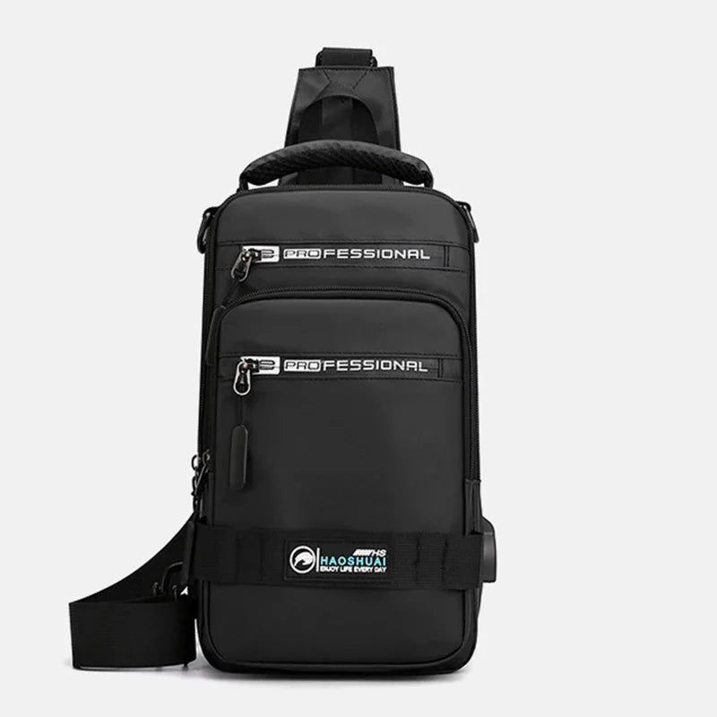 Men Nylon Rucksack Daypack Messenger with USB Charging Port Male Fashion Knapsack Backpack Cross body Sling Chest Pack Bag