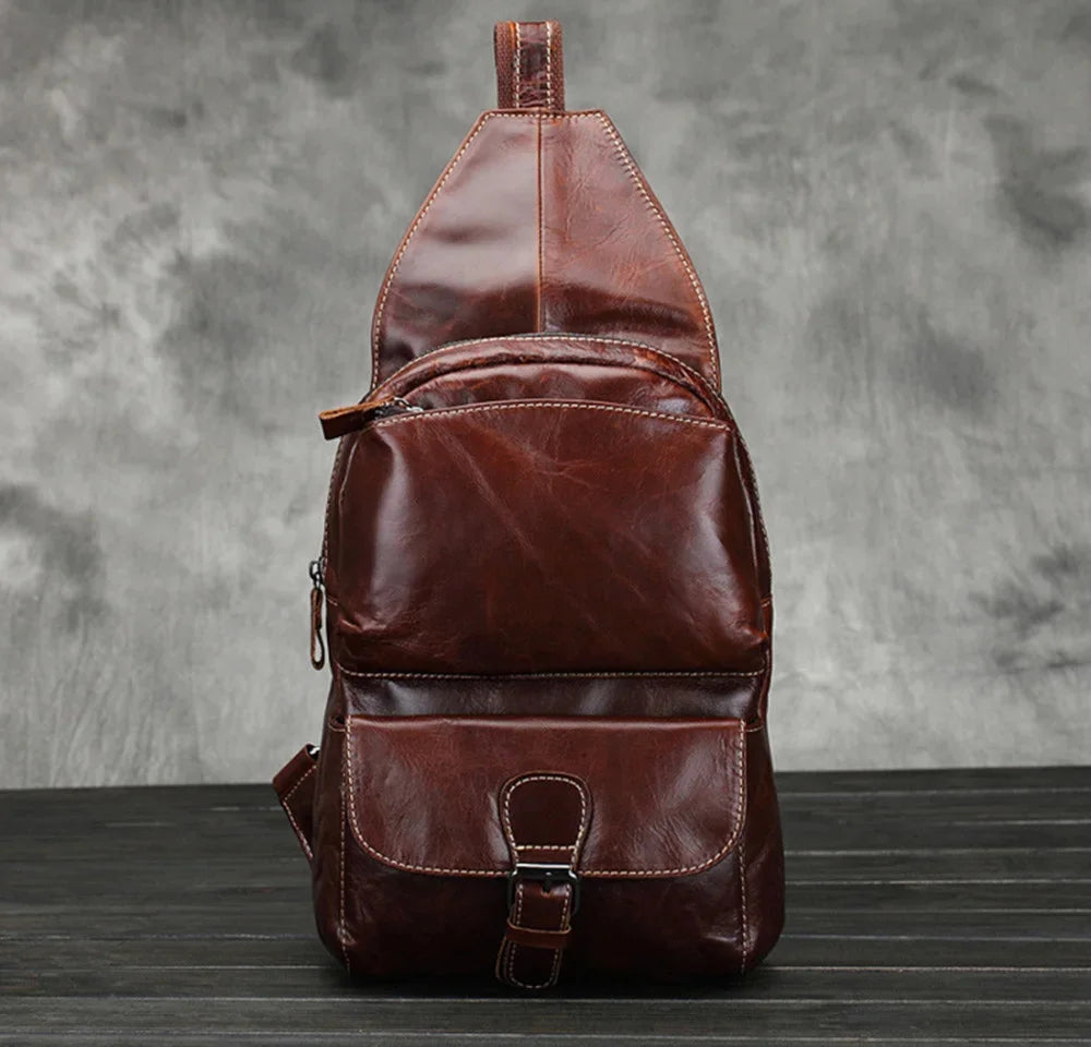 Men Oil Wax Genuine Leaher Chest Shoulder Bag Belt Buckle Travel Vintage High Capacity Cowhide Sling Rucksack Backpack