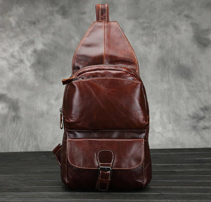 Men Oil Wax Genuine Leaher Chest Shoulder Bag Belt Buckle Travel Vintage High Capacity Cowhide Sling Rucksack Backpack