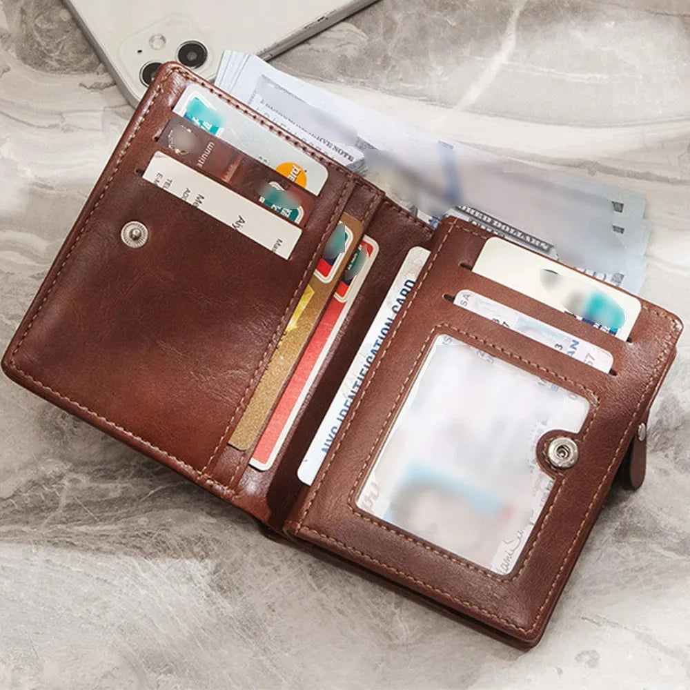 Men Short Wallet Purses Bifold Pocket ID/Credit Vintage Designer Simple PU Leather Male Card Holder Zipper Mini Purse Money Bag