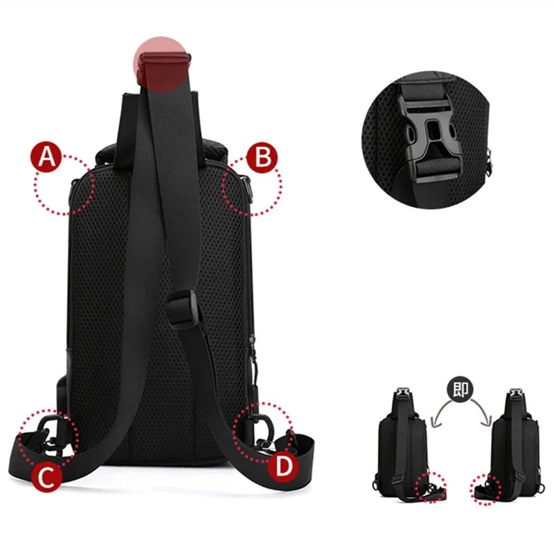 Men Shoulder Chest Sling Cross Body Backpack with USB Charging Port Travel Waterproof Nylon Male mini Rucksack Messenger Bag