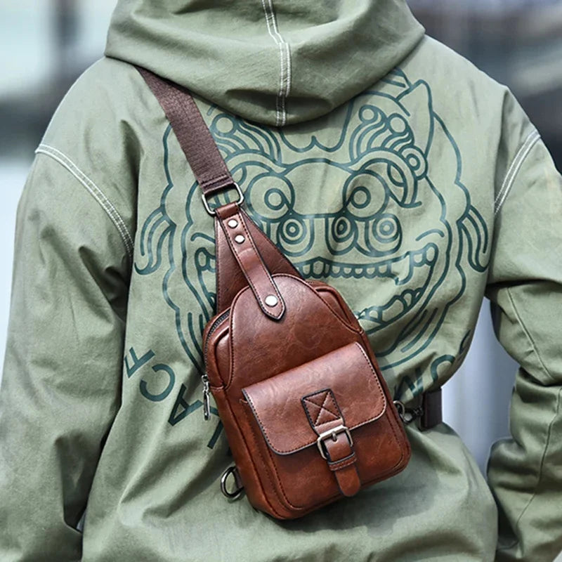 Men Sling Backpack Shoulder Cross body Chest Bag Travel Fashion Trend Casual Retro PU Leather Male Crossbody Messenger Side Bags