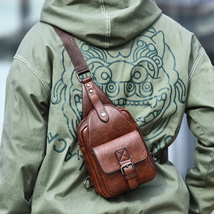 Men Sling Backpack Shoulder Cross body Chest Bag Travel Fashion Trend Casual Retro PU Leather Male Crossbody Messenger Side Bags