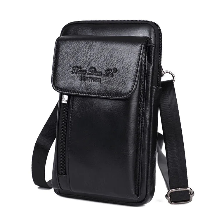 Men Small Messenger Shoulder Bag Genuine Leather  Cell Mobile Phone Case Cross Body Fanny Waist Hook Belt Pack