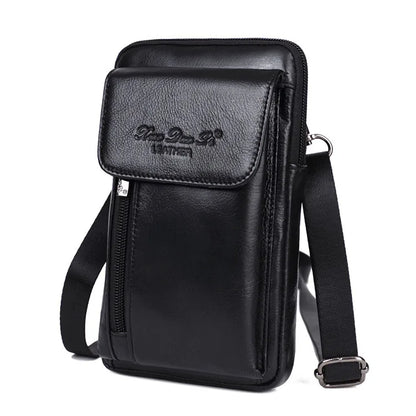 Men Small Messenger Shoulder Bag Genuine Leather  Cell Mobile Phone Case Cross Body Fanny Waist Hook Belt Pack