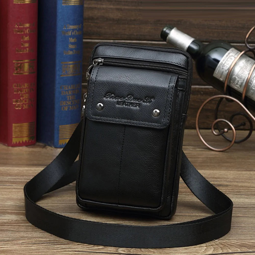 Men Small Shoulder Cross Body Bag Waist Belt Pack Hook Purse Genuine Leather Cell Mobile Phone Case Male Fanny Messenger Bags