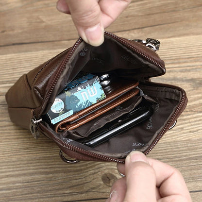 Men Small Shoulder Cross Body Bag Waist Belt Pack Hook Purse Genuine Leather Cell Mobile Phone Case Male Fanny Messenger Bags