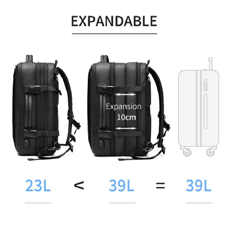 Men Travel Backpack Expand 39L Business 17 Inch Laptop Backpack Fashion School backpack USB charging waterproof Hiking Backpack