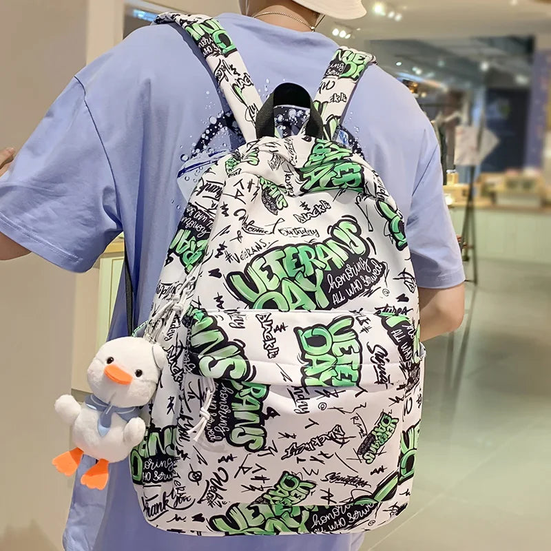 Men Travel Graffiti Printing Book Backpack - Thumbnail 5