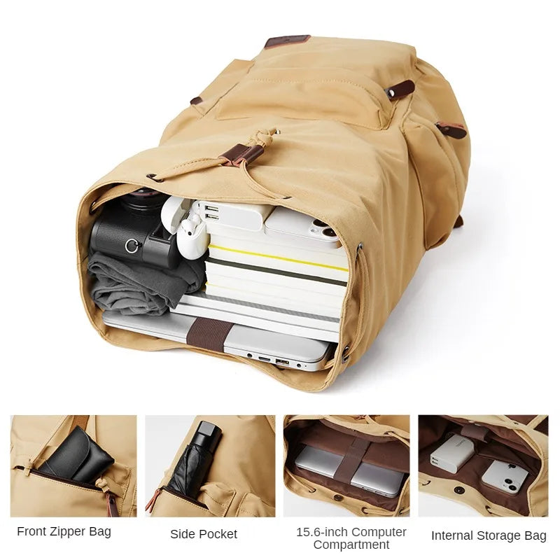 Men Vintage Canvas Backpacks Large Capacity 15.6inch Laptop Casual Bag For Commuter Travel Premium Durable Unsex Mochila