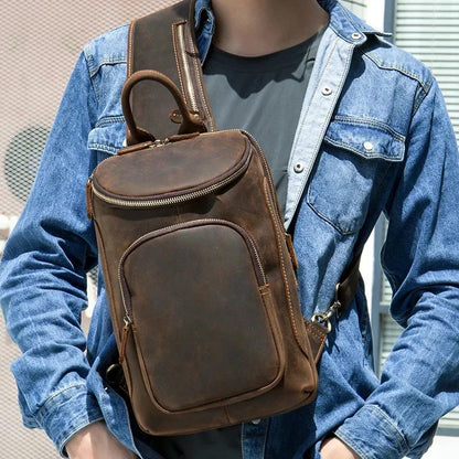 Men pack Shoulder Cross Body Genuine Leather Cowskin Chest Pack For Outdoor Travel Messenger Bag Riding