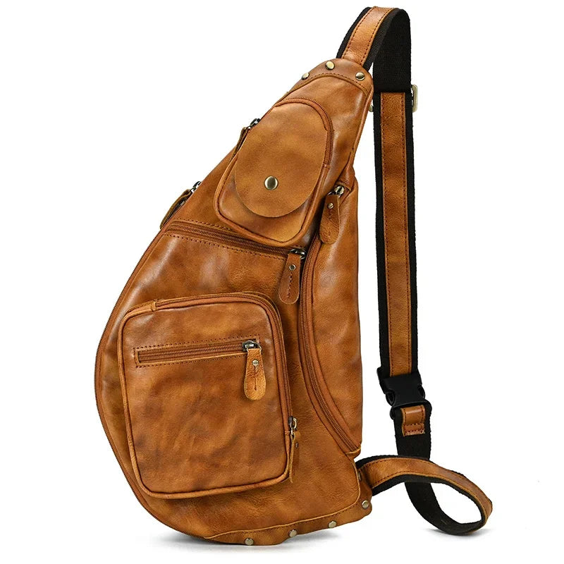 Men pack Shoulder Cross Body Genuine Leather Cowskin Chest Pack For Outdoor Travel Messenger Bag Riding
