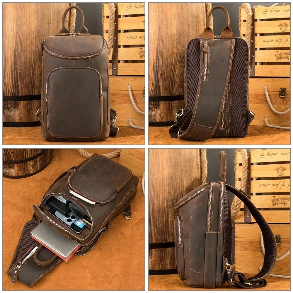 Men pack Shoulder Cross Body Genuine Leather Cowskin Chest Pack For Outdoor Travel Messenger Bag Riding