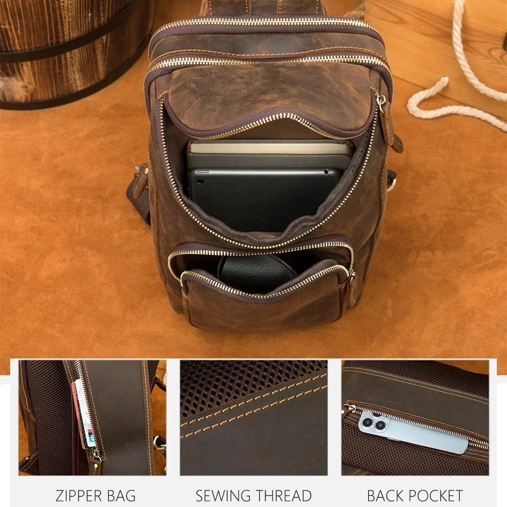 Men pack Shoulder Cross Body Genuine Leather Cowskin Chest Pack For Outdoor Travel Messenger Bag Riding