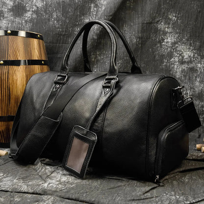 Men's 45cm Leather Business Natural Cowskin Travel s Man Waterproof Handbag For Plane Luggage Male Weekend Bag Retro