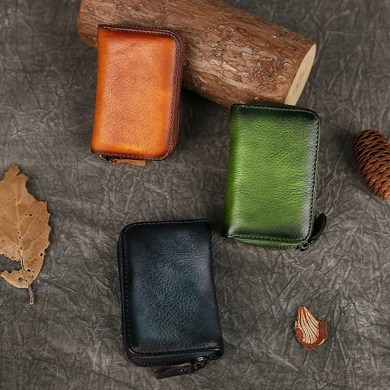 Men's And Women's Cowhide Wallet Retro Zipper Purse Change Card Key Bag Genuine Leather Square Small Wallets Portable Coin Bags