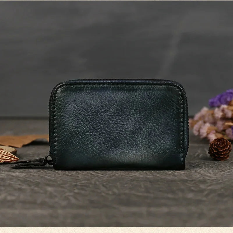 Men's And Women's Cowhide Wallet Retro Zipper Purse Change Card Key Bag Genuine Leather Square Small Wallets Portable Coin Bags