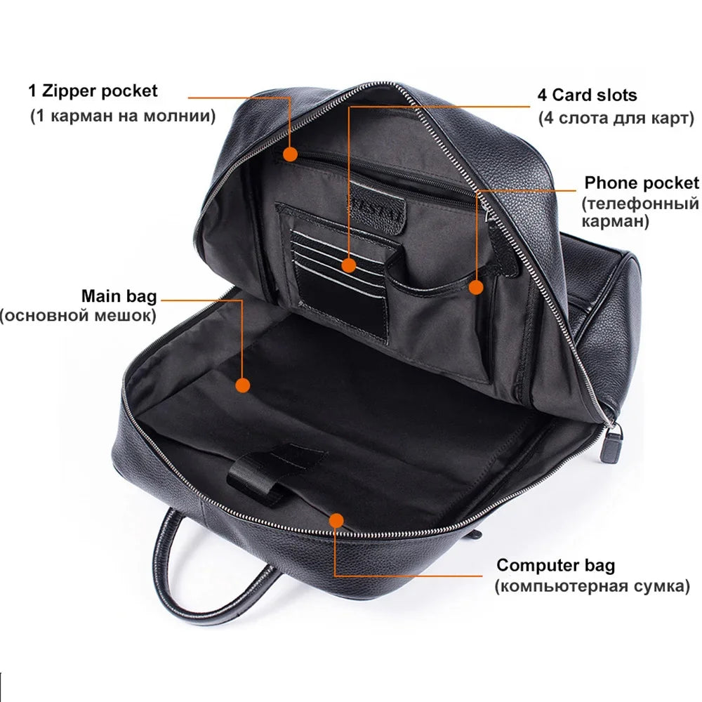 Men's Business Travel Backpack Genuine Leather 15 Inch Laptop Bag Teenagers School Back Pack Executive Notebook Mochila